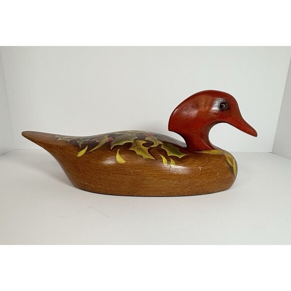 VTG Wooden Duck Decoy Red Headed.‎ Handpainted Holly And Bow.  6”x 16” Aprox. - Picture 1 of 12